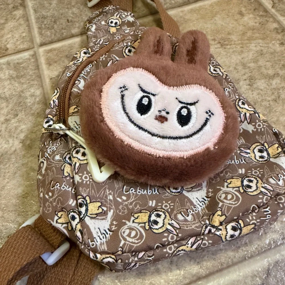 Labubu Pop Mart Character Print Brown Mini Sling Bag with 3D Plush Face Detail